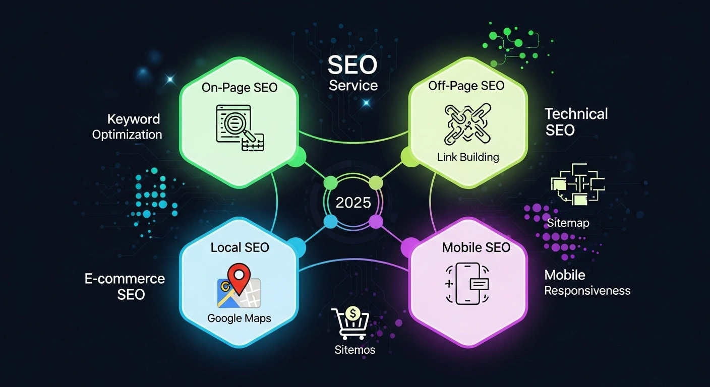 Types of SEO services in 2025 including on-page, off-page, technical, and local SEO for better search engine rankings.