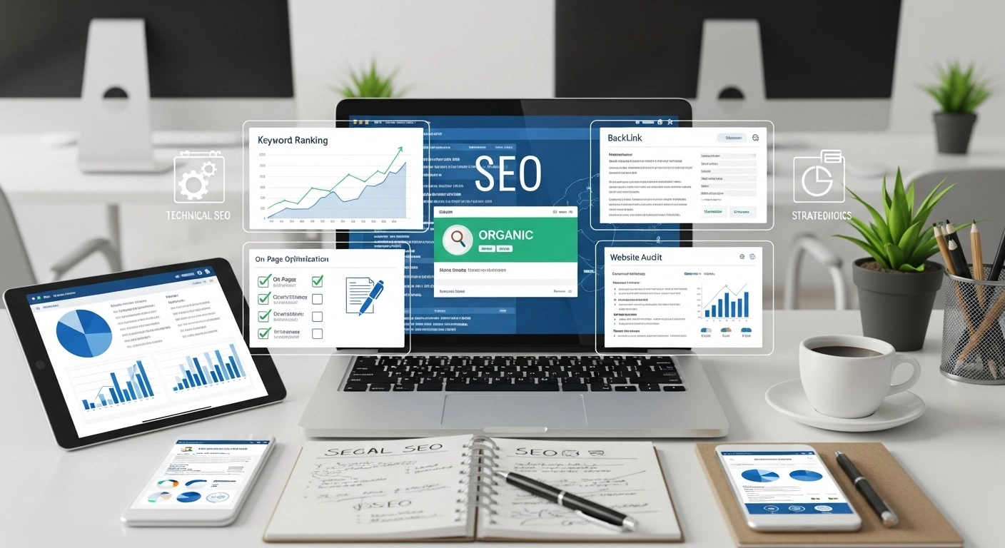 SEO services including keyword research, on-page SEO, and analytics to improve website visibility and traffic.