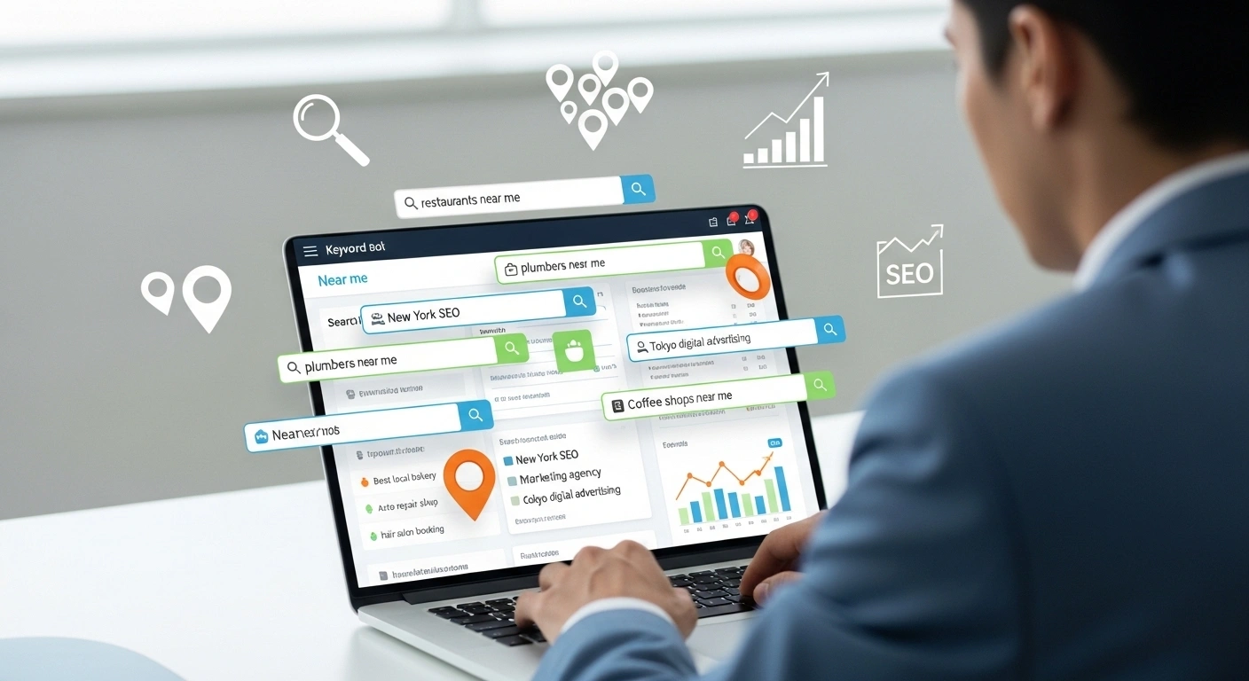 Local keyword research showing tools, maps, and analytics to attract customers within your business area.