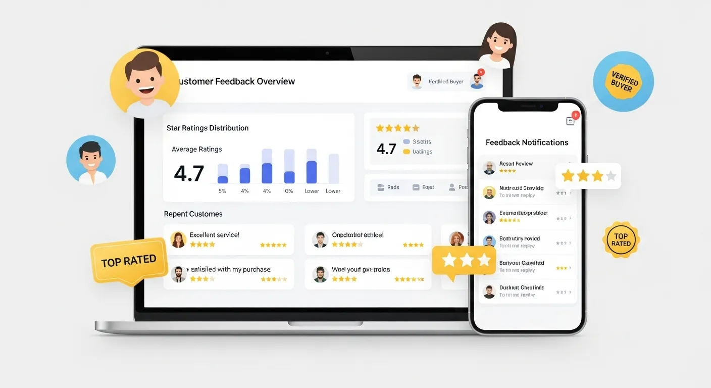 Online reviews and reputation management with customer feedback, star ratings, and brand trust building.