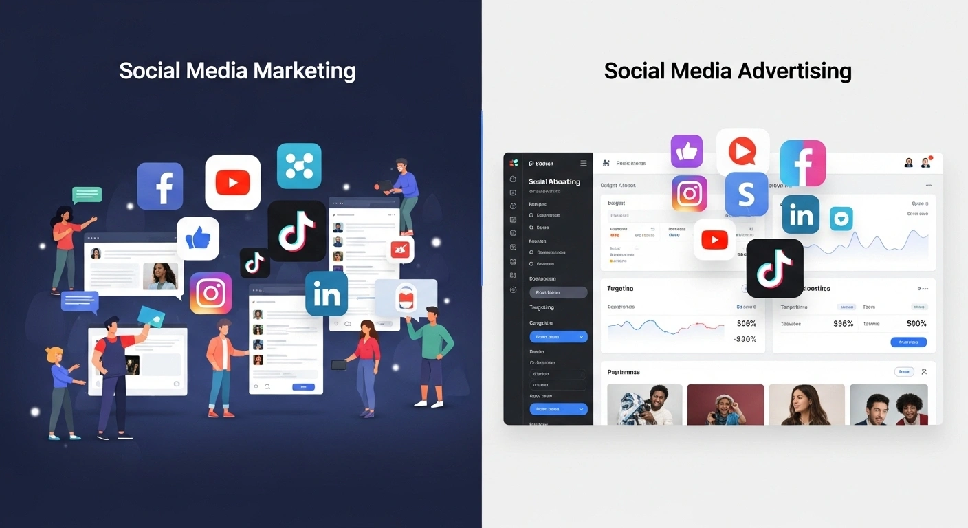 Social media marketing vs. social media advertising comparison showing organic engagement vs. paid promotions