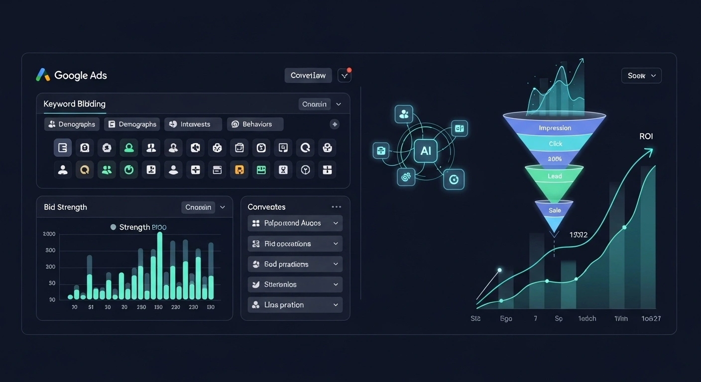 Key PPC marketing strategies for 2025 featuring ad targeting, smart bidding, and performance optimization.