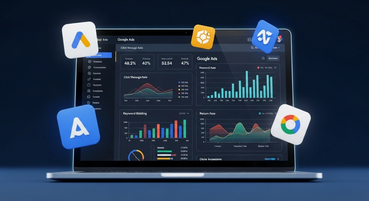 PPC marketing guide 2025 showing advertisers using Google Ads, bidding tools, and analytics for better ROI.
