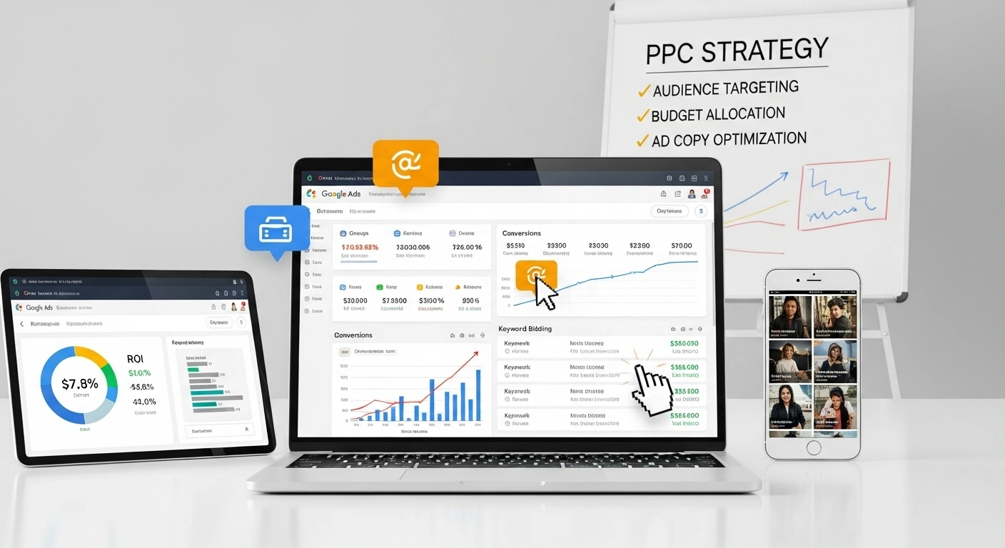 PPC marketing explained with Google Ads, keyword bidding, and performance tracking for targeted business growth.