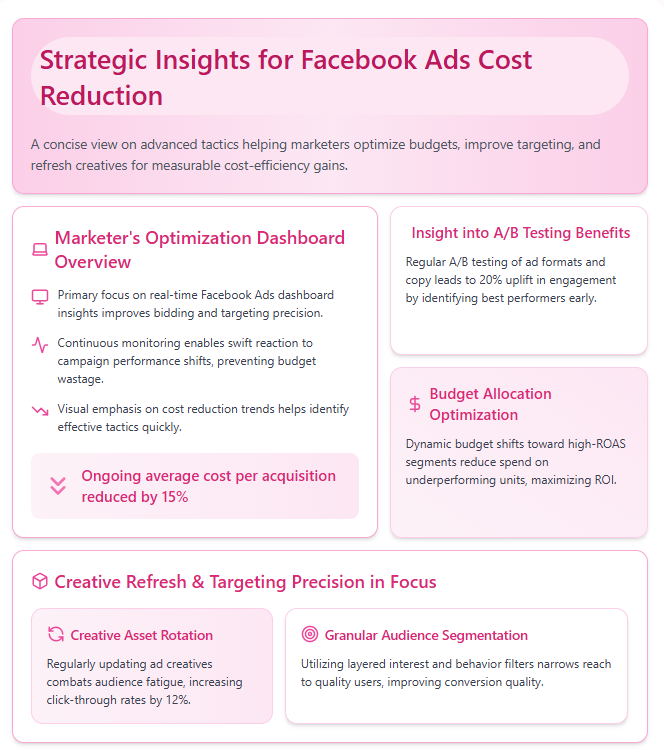 Infographic showing advanced strategies to reduce Facebook advertising cost with optimization techniques