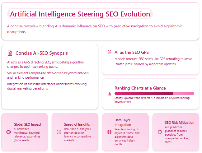 AI brain acting as a GPS for SEO, analyzing keywords, rankings, and algorithm updates.