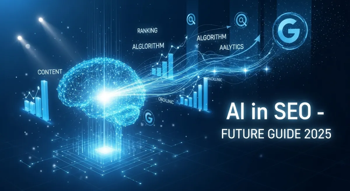 Artificial intelligence optimizing a website with SEO tools, data charts, and search engine icons.