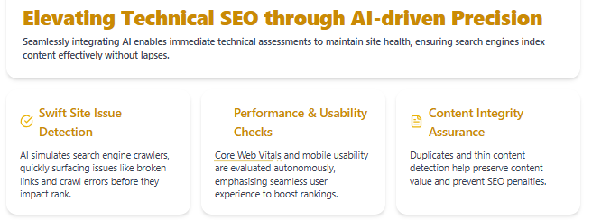 AI SEO crawler detecting site speed issues, broken links, and Core Web Vitals errors