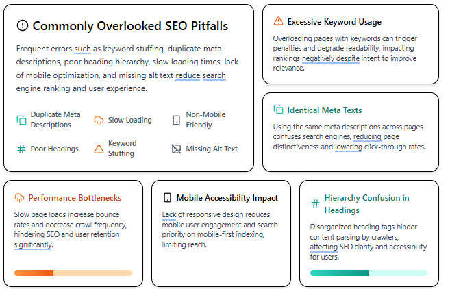 On Page SEO mistakes including keyword stuffing, duplicate meta descriptions, poor headings, slow pages, mobile issues, and missing alt text.
