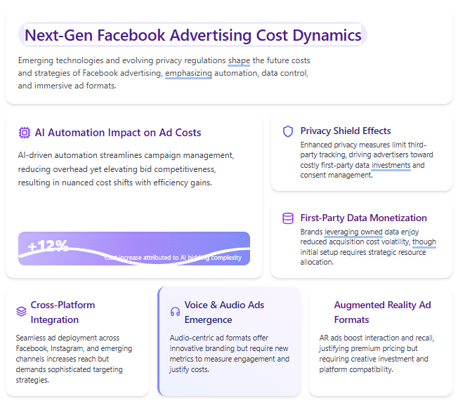 Illustration of future trends in Facebook advertising cost including AI, privacy, and AR ads