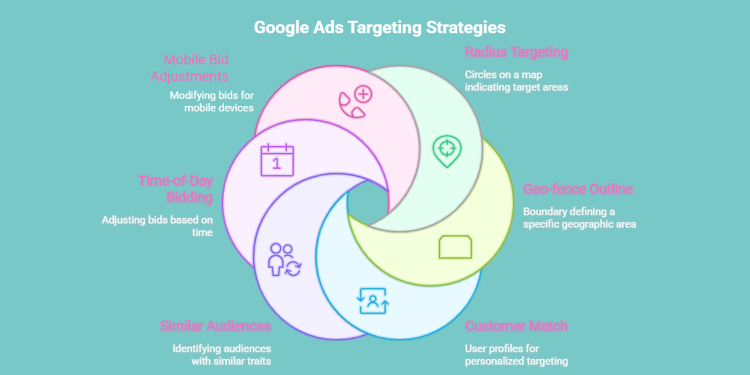 Illustration of advanced Google Ads targeting with radius targeting, geo-fencing, customer match, time-based bidding, and mobile adjustments.