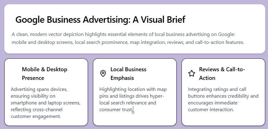 Google Business Advertising example with local search listing, reviews, and map pin
