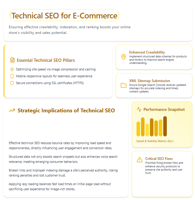 Technical SEO checklist for e-commerce including site speed, mobile-friendly design, SSL, schema, XML sitemap, and fixing broken links.