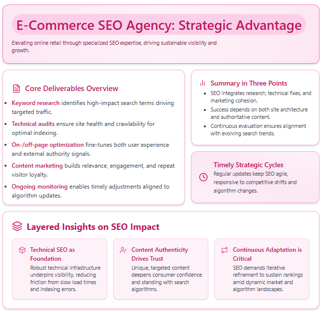 E-commerce SEO agency services including keyword research, technical audits, optimization, content marketing, and reporting for Shopify stores
