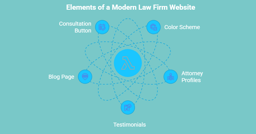 Law firm website design with attorney bios, testimonials, blog, and consultation CTA