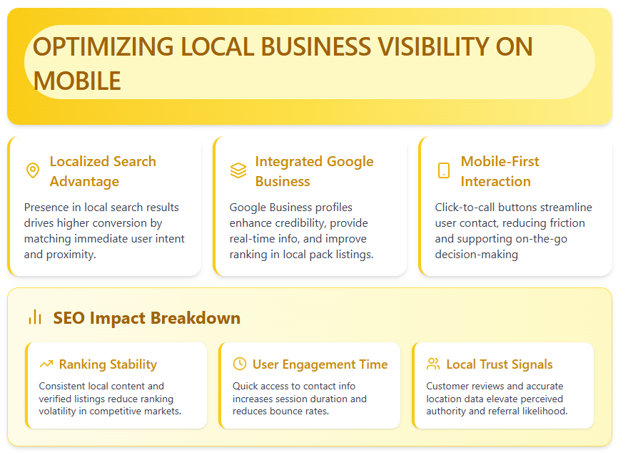 Small business website with Google Business Profile, local SEO map pin, and click-to-call button
