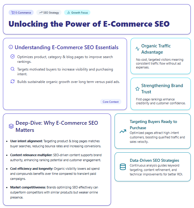 E-commerce SEO benefits – increased traffic, higher conversions, long-term growth, brand trust, and reduced ad costs