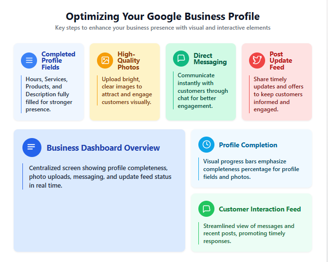 “Illustration showing optimization of a Google Business Profile with photos, messaging, updates, and complete business details.”