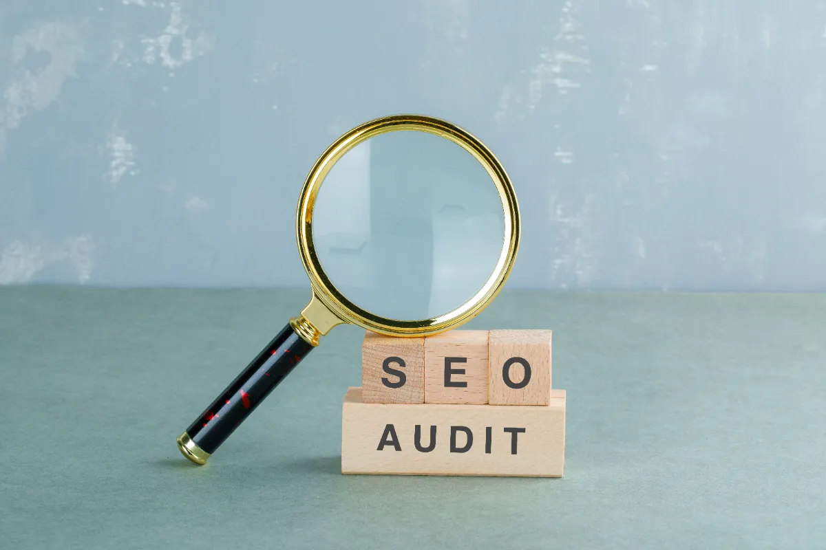 Technical SEO Audit illustration with site crawl, broken links, and schema markup