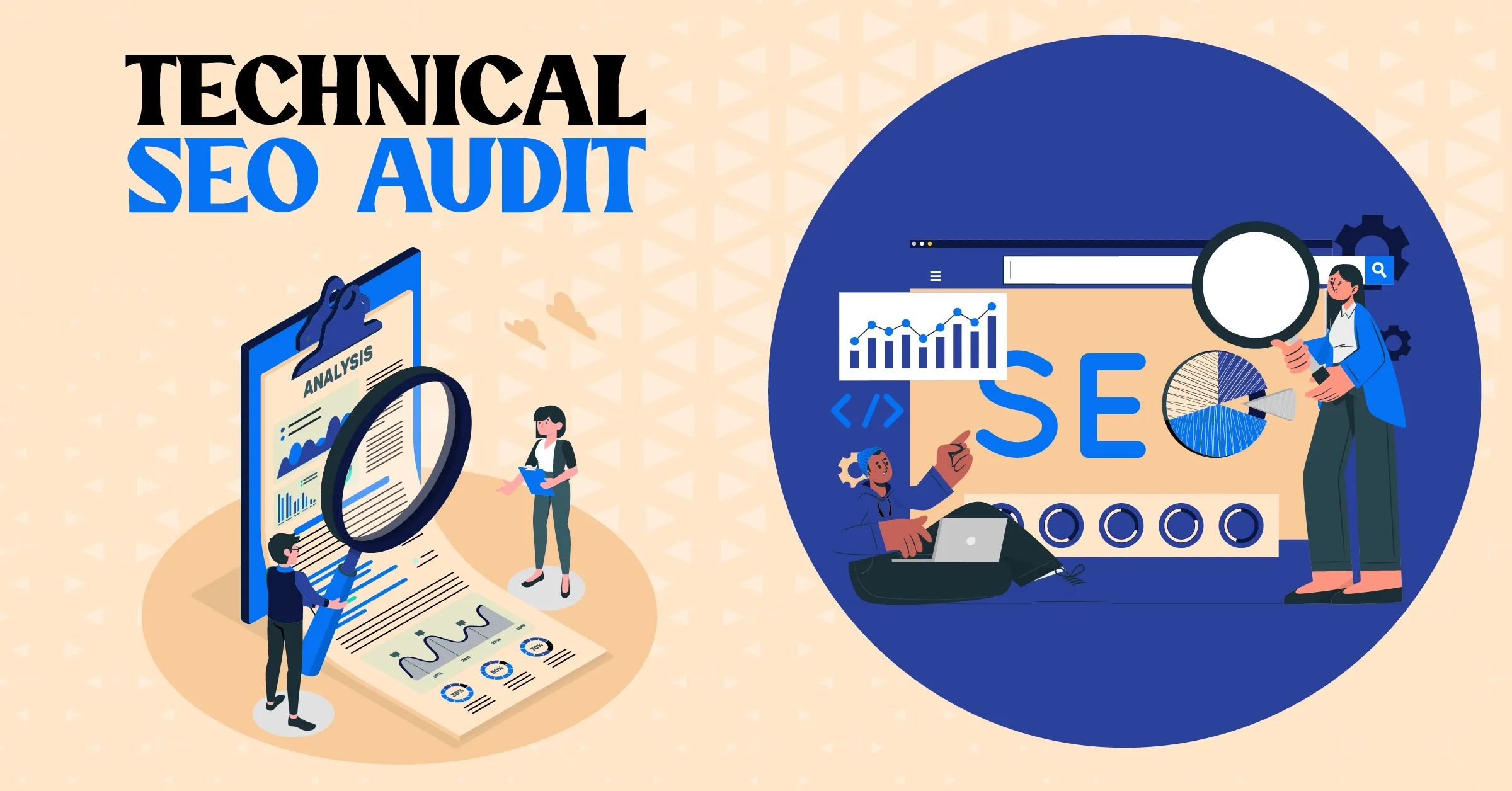 Technical SEO audit illustration with site crawl, broken links, and schema markup.