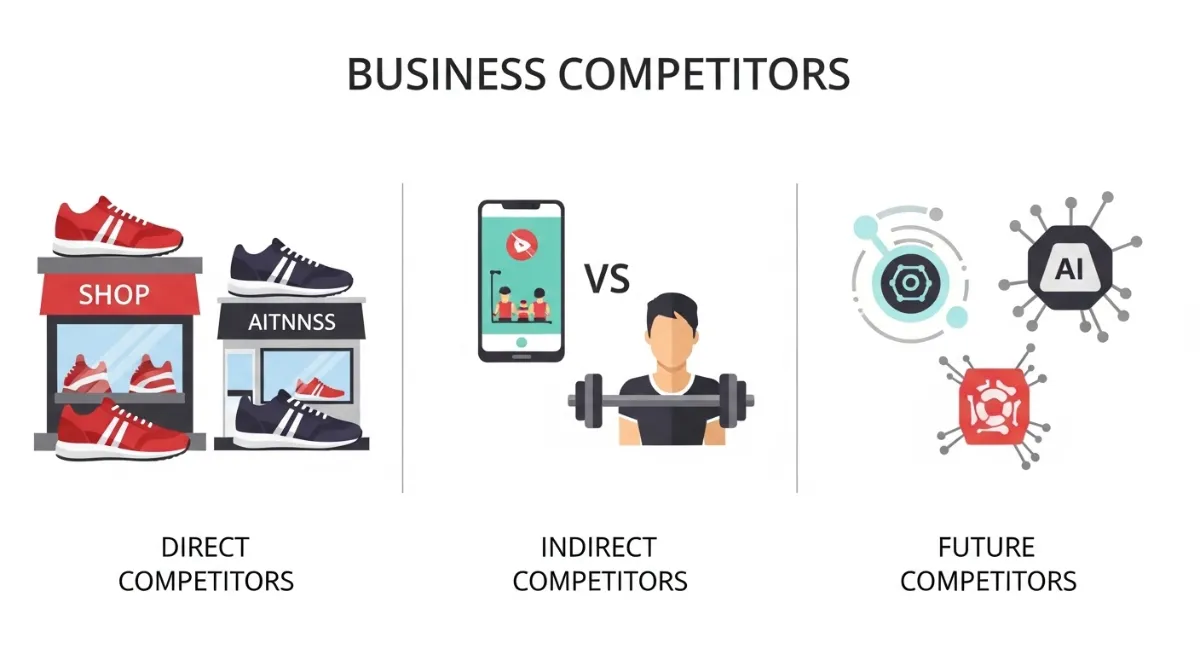 Different types of competitors to analyze including direct competitors, indirect competitors, and future competitors