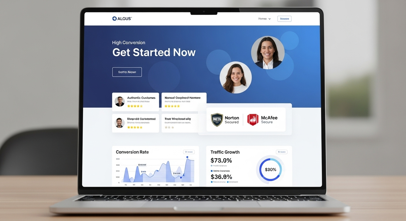 Modern website landing page layout showing call-to-action buttons, testimonials, and performance analytics for improving conversion rates in SEM campaigns.