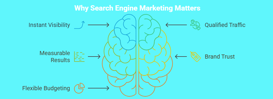 benefits of search engine marketing including instant visibility, qualified traffic, measurable results, anbenefits of search engine marketing including instant visibility, qualified traffic, measurable results, and brand trust.d brand trust.