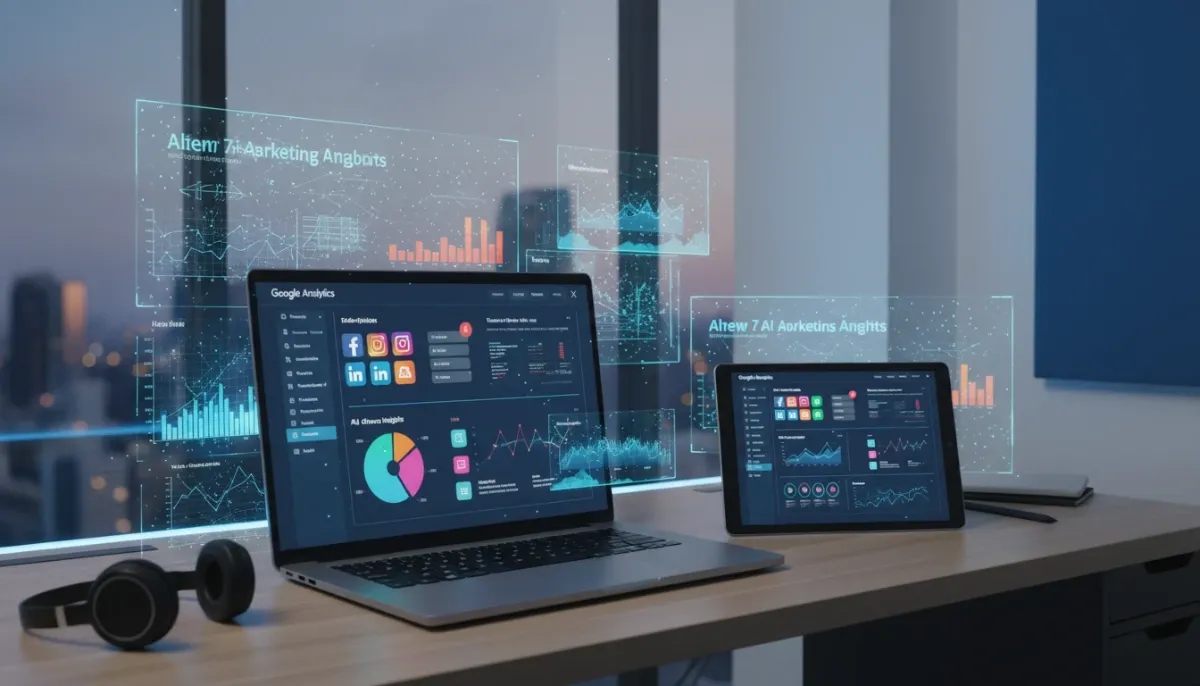 Digital marketing tools dashboard with AI analytics, social media icons, and workflow visuals.