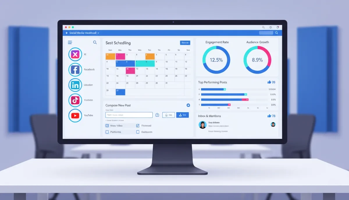 Digital marketing tools social media dashboard with scheduling, analytics, and engagement tracking.