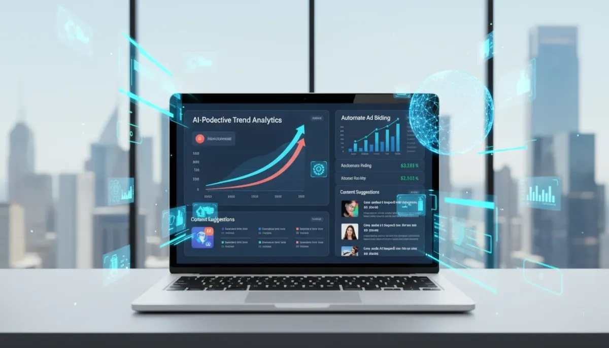 AI-powered digital marketing tools predicting trends, automating ads, and suggesting content ideas.