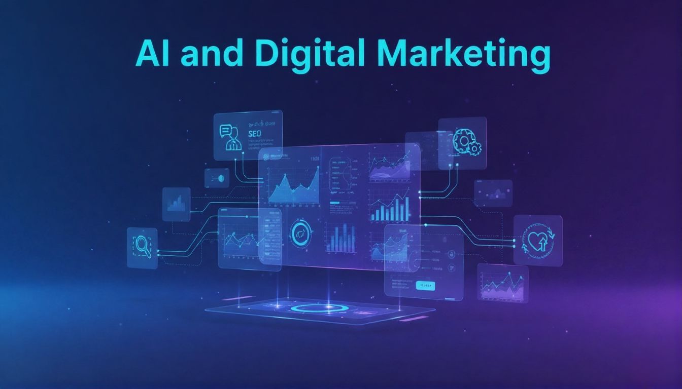 Futuristic AI and digital marketing dashboard with data charts and glowing analytics visuals