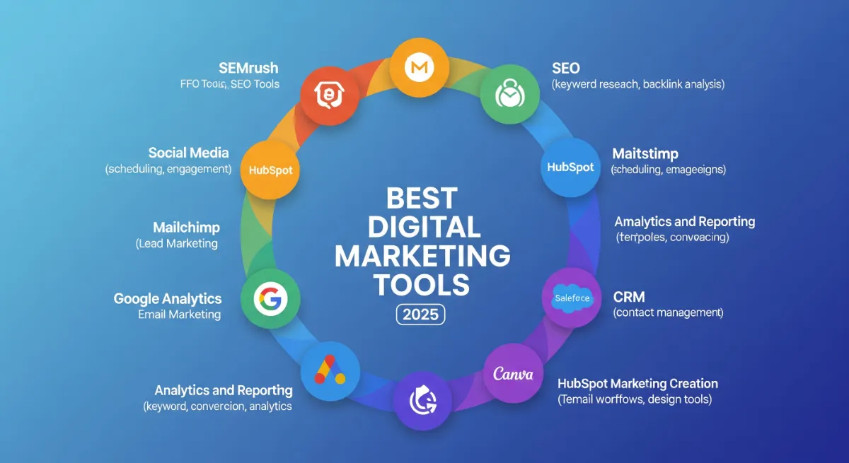 “Best digital marketing tools infographic showing SEO, social media, email, and analytics platforms.”