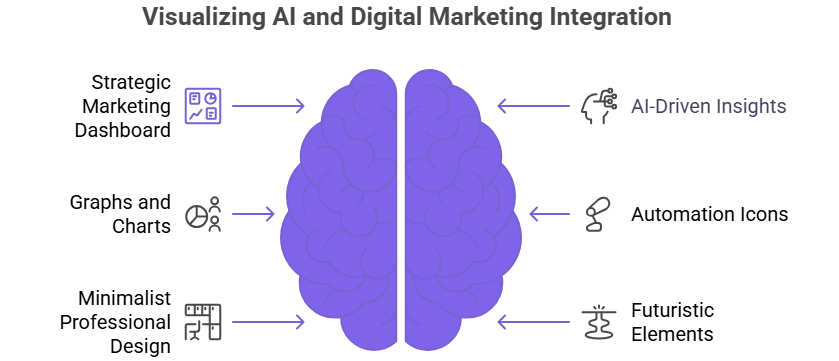 AI and digital marketing strategy dashboard showing data analysis, automation, and optimization visuals