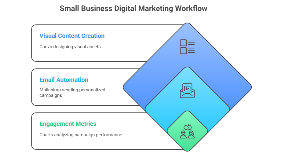 Digital marketing tools: Canva visuals and Mailchimp automation streamlining small business campaigns."