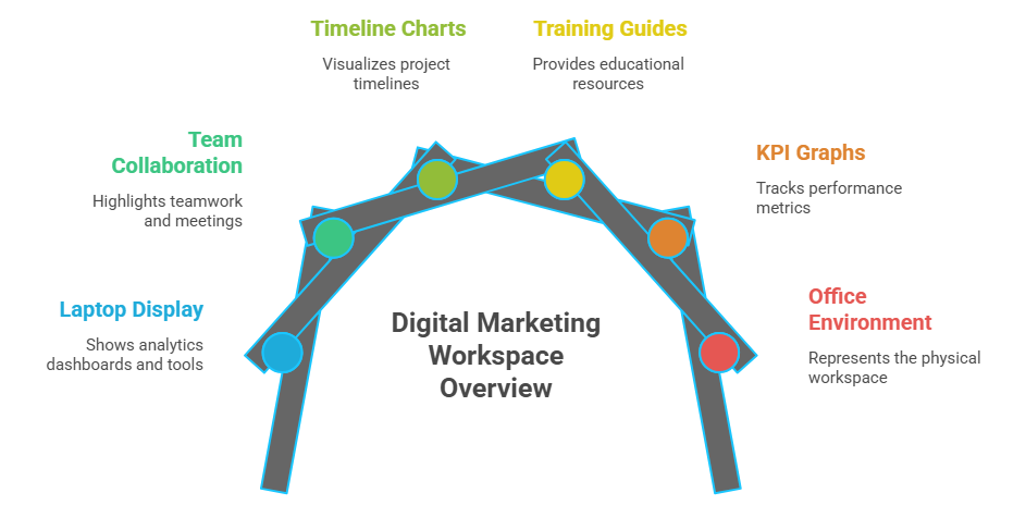 "Digital marketing tool stack: analytics, email, social media, SEO, and team training for KPIs."